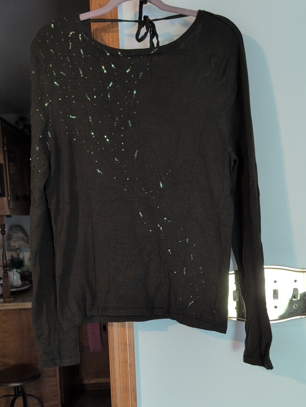 Reba  Green Crewneck Sweater with Iridescent Green Accents